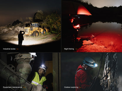 Collage of images showing the use of Fenix HL45R Headlamp in industrial duties, night fishing, equipment maintenance, and outdoor exploring.