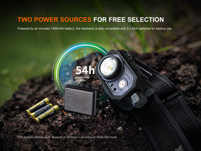 Power sources of Fenix HL45R Headlamp with battery pack and batteries on a natural background