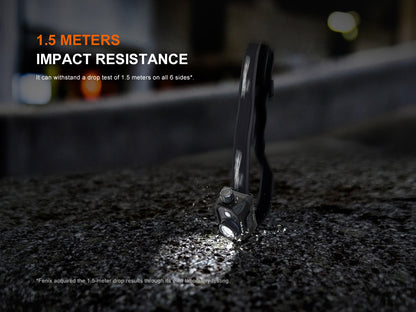 Fenix HL45R Headlamp falling on the ground with text about impact resistance on a dark surface