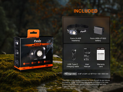 Fenix HL45R headlamp packaging with included items on a natural background