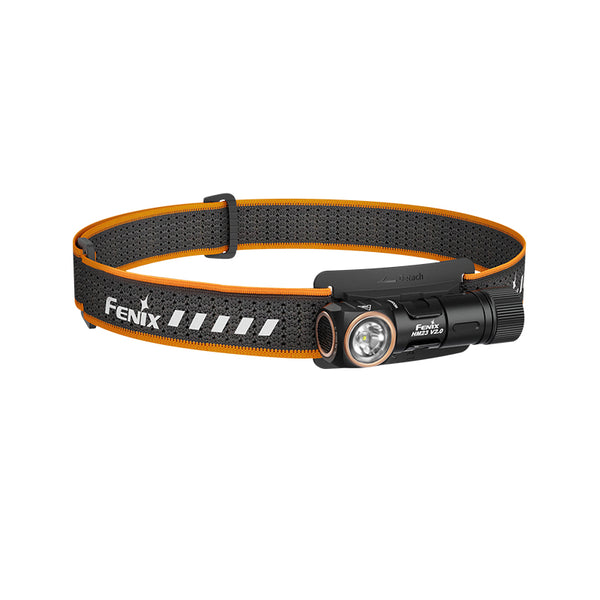  Fenix HM23 V2.0 headlamp with black and orange strap on a white background
