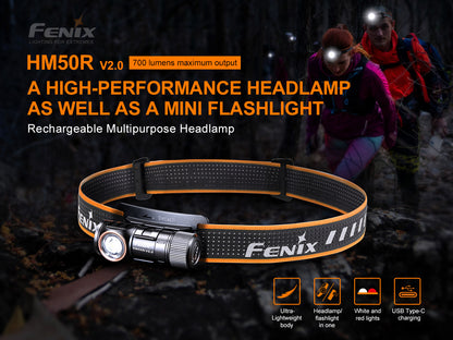 Fenix HM50R V2.0 Headlamp with four people hiking though the dark forest with headlamps on in the background. 