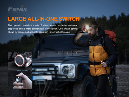 Man walking in front of a big 4wd truck wearing Fenix HM50R V2.0 Headlamp and text about large operation switch. 