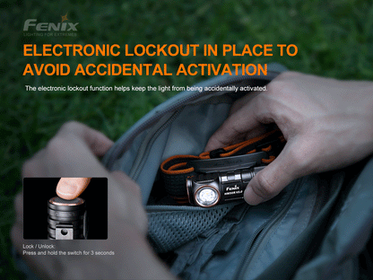 Fenix HM50R V2.0 Headlamp being put away into a bag with electronic lockout function activated. 