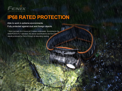 Fenix HM50R V2.0 Headlamp on a rock in the rain and text about IP68 rating against water, dust and foreign objects. 