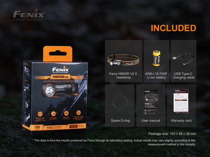 Packaging of Fenix HM50R V2.0 Headlamp with inclusions displayed on a dark background. 