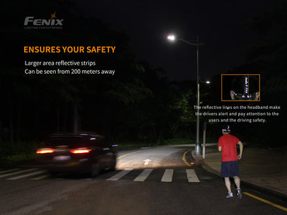 A person running on the street in the night being passed by a car and reflective elements of Fenix HM65R headlamp shown as a safety feature. 