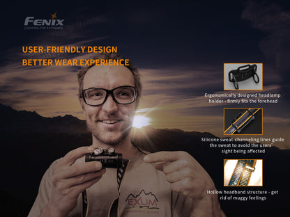 A smiling man wearing glasses holding Fenix HM65R headlamp and showing user friendly features of the headband. 
