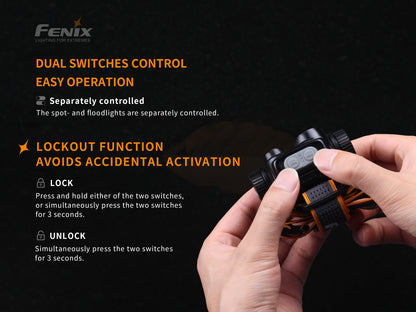 Hands holding Fenix HM65R headlamp and showing dual switches control and lockout function. 