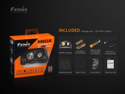 Packaging of Fenix HM65R headlamp with inclusions shown. 