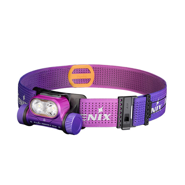 Fenix HM65R-T V2 Headlamp with purple and pink headband on a white background