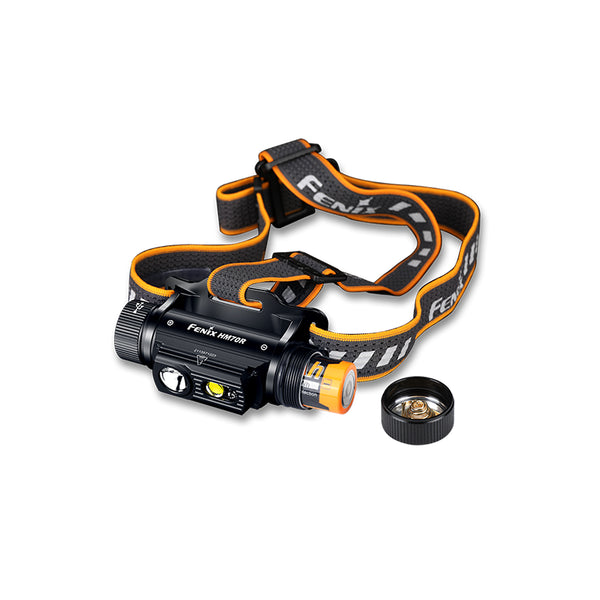Fenix HM70R Headlamp with a removable battery on a white background. 
