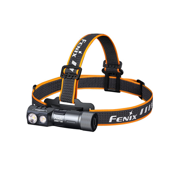 A black Fenix HM71R rechargeable headlamp with an orange and black strap and built-in LED lights.
