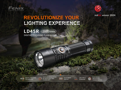 Fenix LD45R flashlight on a natural background with text highlighting features and awards.
