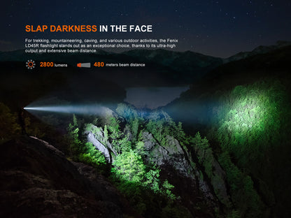 Flashlight beam illuminating a mountainous landscape at night
