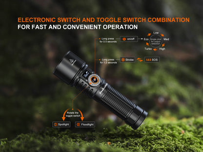 Black Fenix LD45R Flashlight with electronic switch and toggle switch on a green moss background