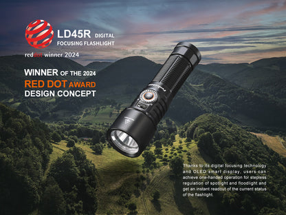 Black digital focusing Fenix LD45R Flashlight with Red Dot Award text against a scenic background