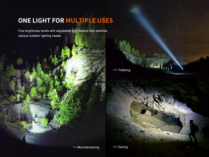 Three scenes showing a Fenix LD45R Flashlight being used for hiking, mountaineering and caving in a dark outdoor setting.