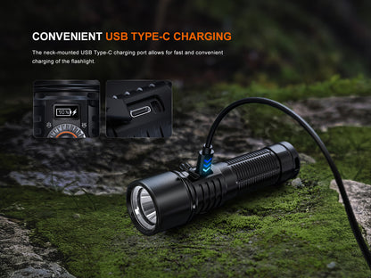 Fenix LD45R Flashlight with USB Type-C charging port on a natural background