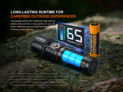 Flashlight with digital display showing battery life, next to a battery pack on a natural background.