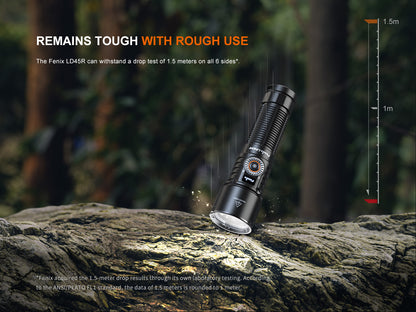 Fenix LD45R flashlight falling on a log with forest background and durability text.