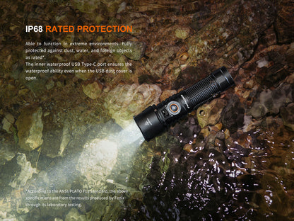 Fenix LD45R Flashlight on a wet surface with IP68 rating text