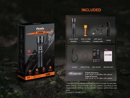 Fenix LD45R flashlight packaging with included items on a dark background