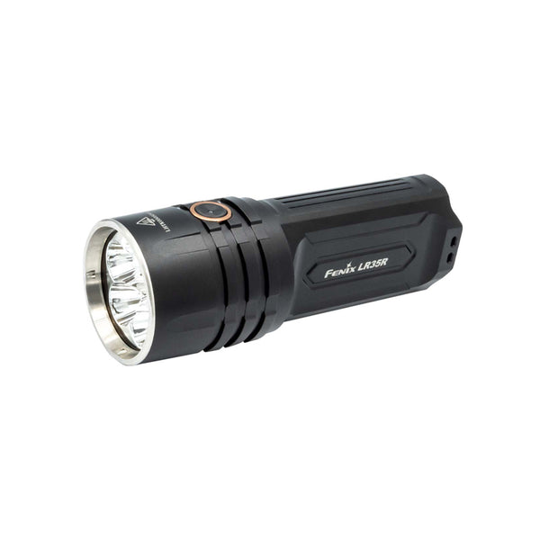 A black Fenix LR35R flashlight with LED lights visible at the front, designed for powerful illumination.