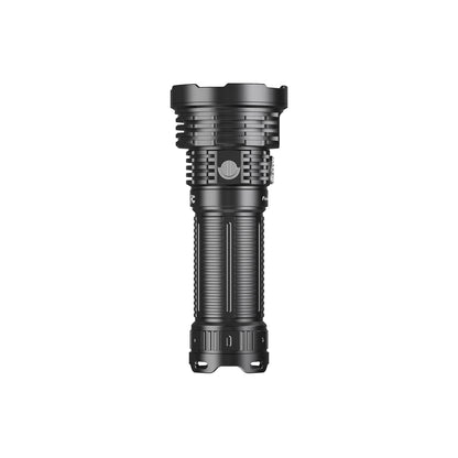A black tactical Fenix LR50R V2.0 Flashlight with a textured grip and ribbed head, shown vertically against a plain white background.