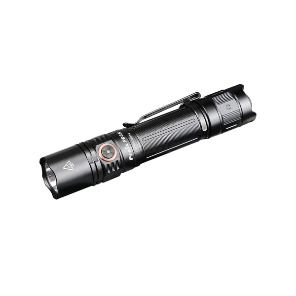 A black Fenix PD35 Torch V3.0 flashlight with a beveled head and a tail switch, featuring a dustproof and waterproof design.