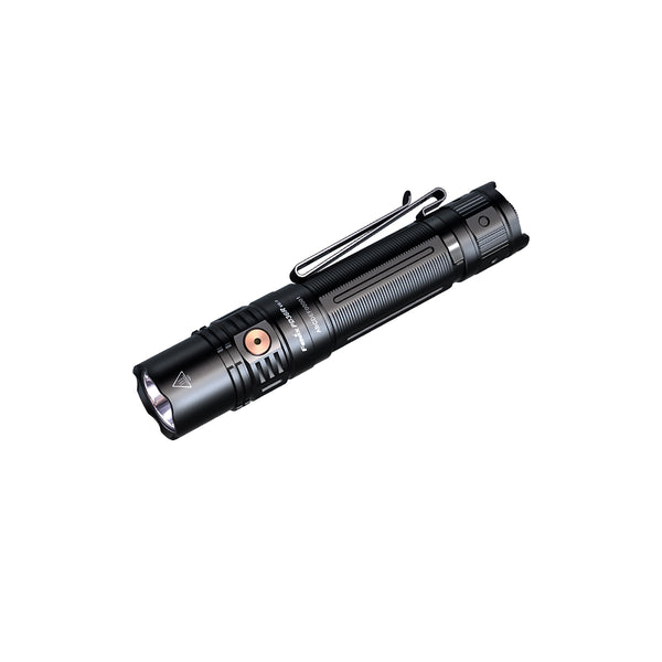A black Fenix PD36R V2.0 rechargeable flashlight with a metallic clip and button controls.