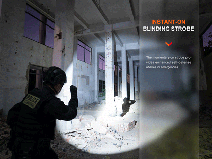 Fenix TK11R Torch in strobe mode used by a policeman in an abandoned building. 