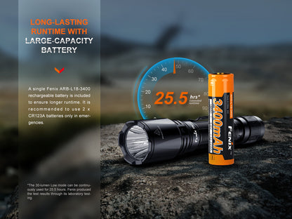 Fenix flashlight and battery on a rocky surface with text about long-lasting runtime and large-capacity battery.