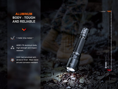 Fenix TK11R Torch falling on the ground with durability features on a dark background