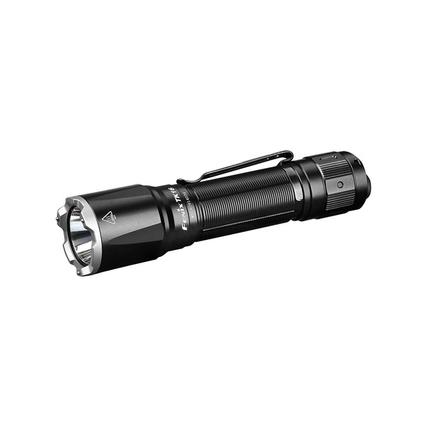 A black Fenix TK16 V2.0 tactical flashlight with a stainless steel strike bezel and dual tactical tail switch.