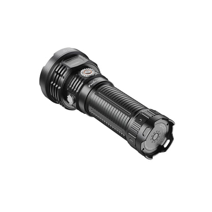 A black tactical Fenix LR50R V2.0 Flashlight with a textured grip and a compass window, shown at an angle on a solid white background.