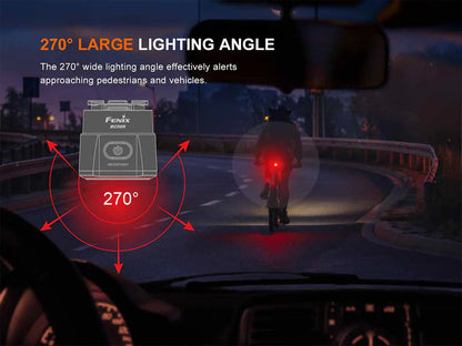 Cyclist in front of a car on a street ant night with Fenix BC06R Tail Light signaling