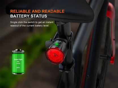 Fenix BC06R Tail Light mounted to a seat post with text about reliable and readable battery status. 