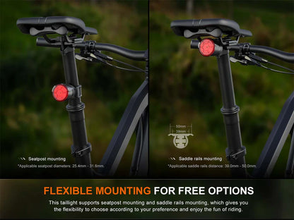 Fenix BC06R Tail Light fixed to  seat post and to saddle rails. 