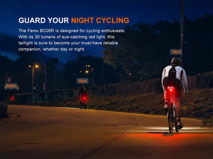 Three cyclists on the road at night with Fenix BC06R Tail Light turned on. 