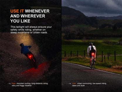 Two scenes of evening cycling with Fenix BC06R Tail Light- mountain biking on a dirt trail and road cycling in a hillly area. 