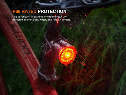 Fenix BC06R Tail Light mounted to the bike seat post shining red light in the rain and text about IP66 protection. 